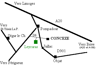 Plan d'acces depuis l'autoroute A20 de la ferme Vergers de Leycuras situé sur la commune de Concèze en Corrèze dans le Limousin